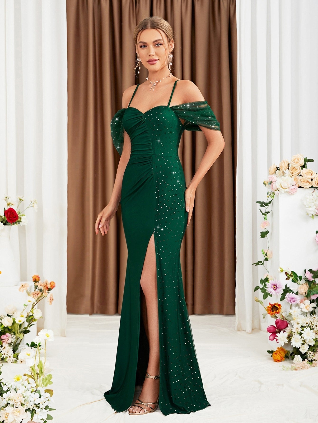 Off Shoulder Spaghetti Straps Evening Dress Slit Gown