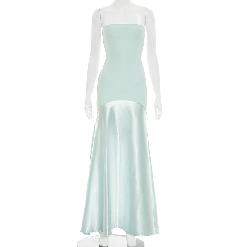 Strapless Bandeau Dropped Waist Satin Panel Column Maxi Gown
