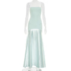 Strapless Bandeau Dropped Waist Satin Panel Column Maxi Gown