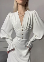 Deep V Neck Puff Sleeve Button Detail Structured Waist Midi Dress