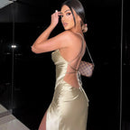 Satin Cowl Neck Spaghetti Strap Twist Hip High Split Maxi Dress