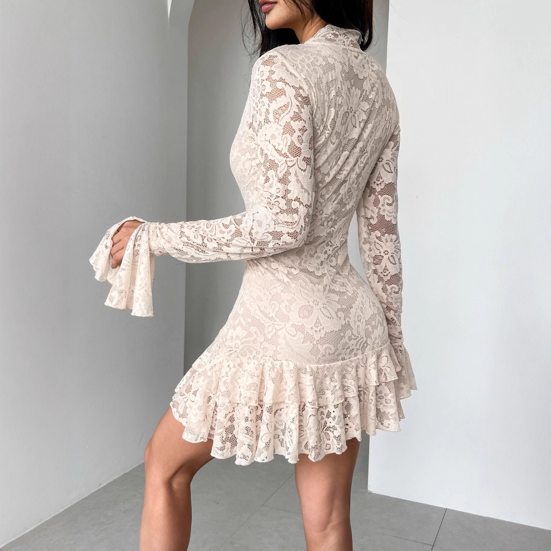 Lace Deep V-Neck Long Sleeve Ruffle Hem Bodycon Mini Dress