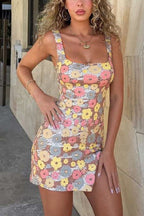 Sequined Flower Sexy Square Neck Slim Fit Mini Dress