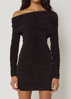 Asymmetric Off Shoulder Ruched Long Sleeve Bodycon Mini Dress