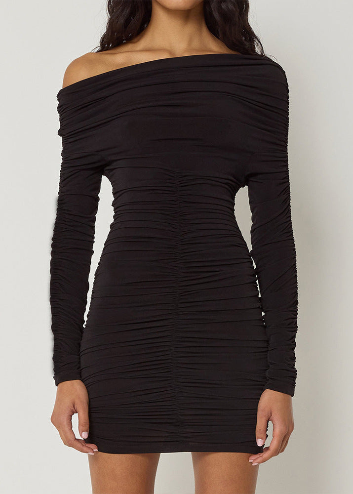 Asymmetric Off Shoulder Ruched Long Sleeve Bodycon Mini Dress