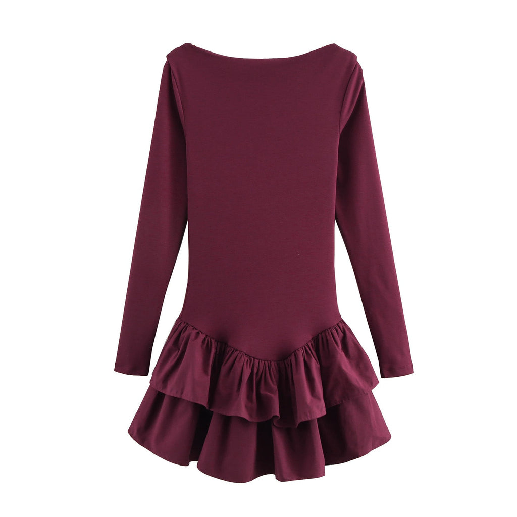 Rib Knit Bell Cuff Ruffle Hem Long Sleeve Mini Dress