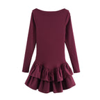 Rib Knit Bell Cuff Ruffle Hem Long Sleeve Mini Dress