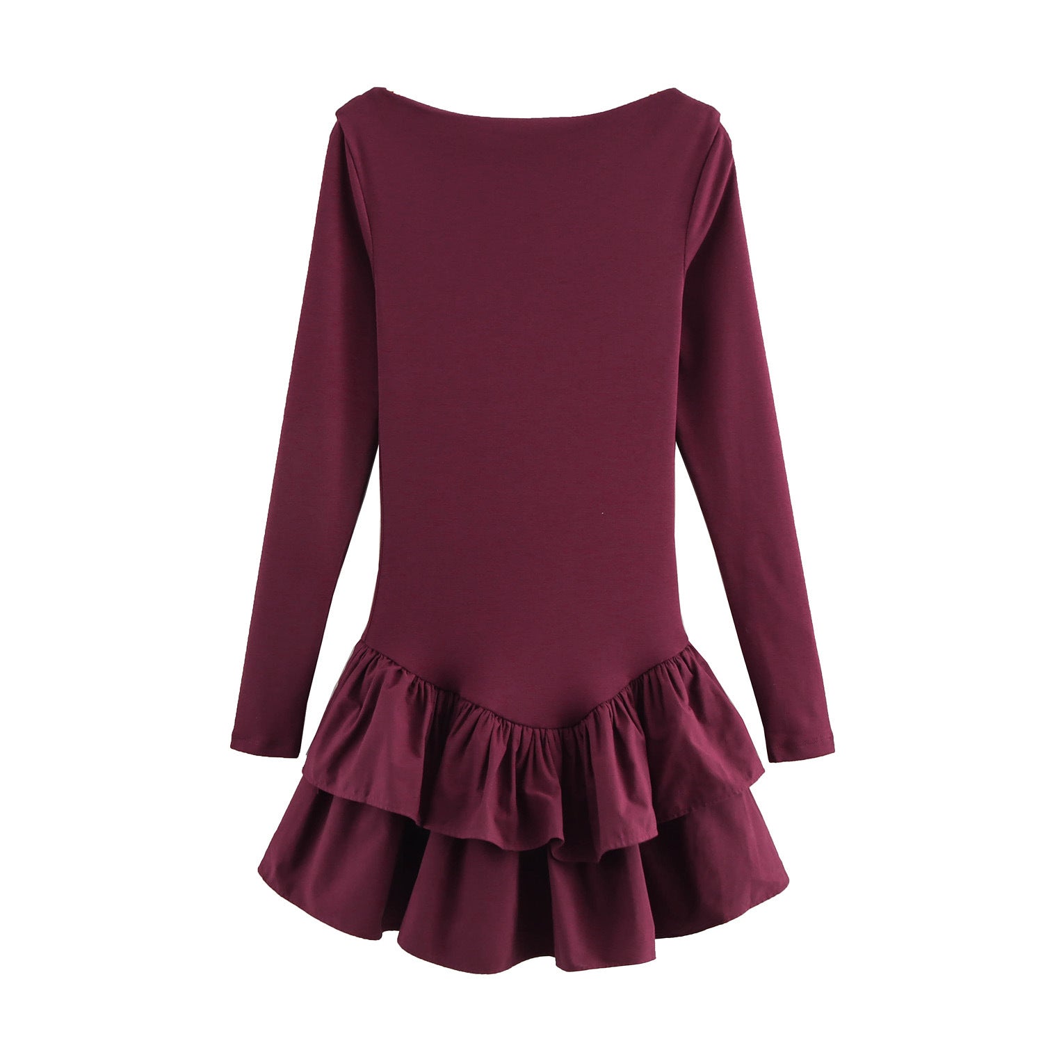 Rib Knit Bell Cuff Ruffle Hem Long Sleeve Mini Dress