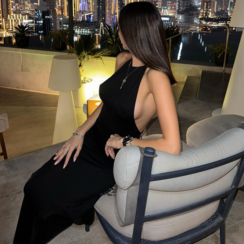 Halter Neck Side Cutout Open Back Bodycon Maxi Dress