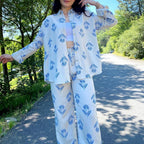 Women Cotton Linen Long Sleeve Blouse High Waist Lace up Straight Leg Pants Two Piece Set