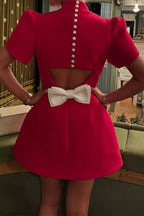 Sweet Moment Slit Short Sleeve Backless Removable Satin Bow Mini Dress