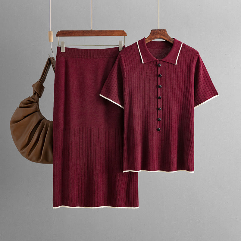 Elegant Knitted Skirt Set with Polo Collar
