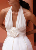Halter Deep V-Neck Pearl Embellished Floral Applique Mini Dress