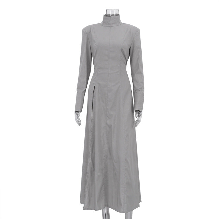 Stand Collar Long Sleeve Front Slit Structured Maxi Dress