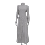 Stand Collar Long Sleeve Front Slit Structured Maxi Dress
