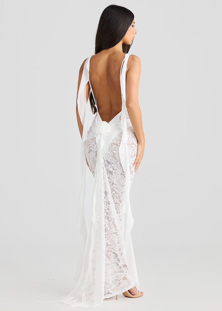 Lace Spaghetti Strap Square Neck Bow Back Streamer Bodycon Maxi Dress