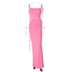 Spaghetti Strap Floor Length Tie Strap Backless Ruched Maxi Gown