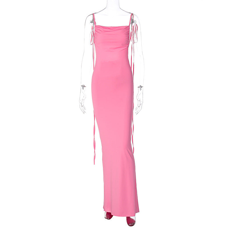 Spaghetti Strap Floor Length Tie Strap Backless Ruched Maxi Gown