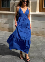 Crinkled Fabric Double Strap Deep V-Neck Tiered Maxi Dress