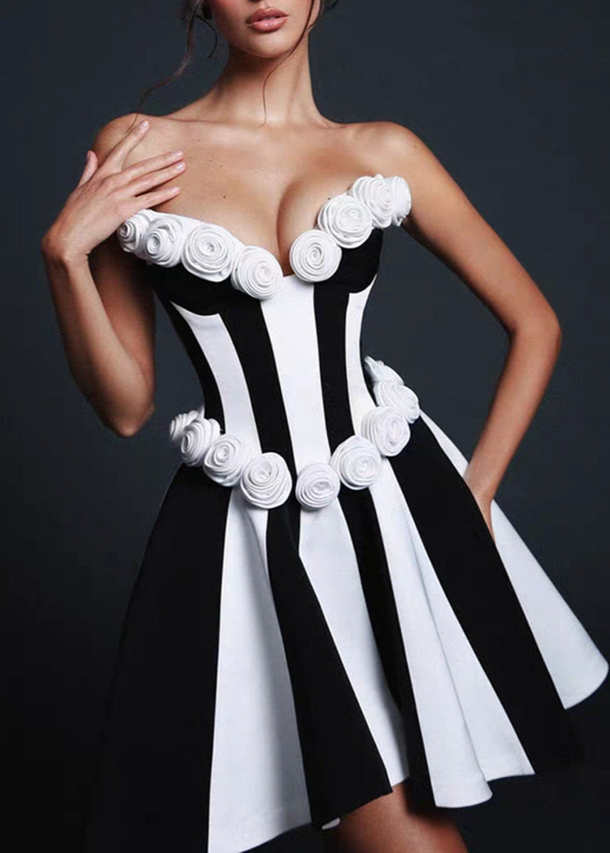 Strapless Sweetheart Vertical Stripe 3D Rosette Fit and Flare Mini Dress
