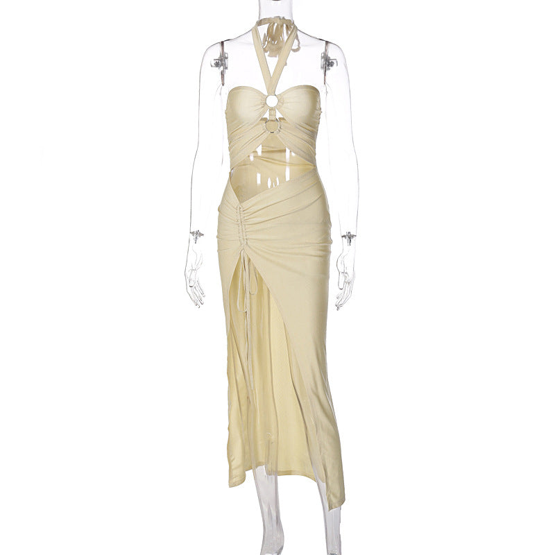 Halter Ring Link Cut Out Ruched High Split Maxi Dress