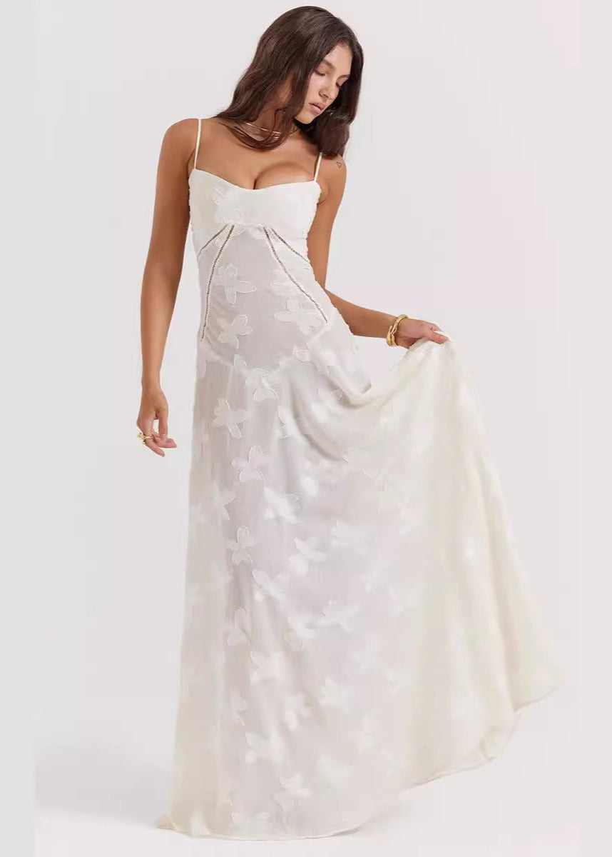 Floral Applique Spaghetti Strap Square Neck Corset Seam Maxi Dress