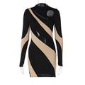 Long sleeve mesh contrast patchwork hollow out mini dress