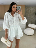 Women Summer Lace Hollowed Casual Long Sleeve Set