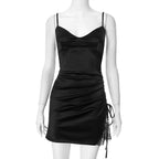 Spaghetti Strap Deep V Satin Lace Panel Ruched Side Slit Mini Dress