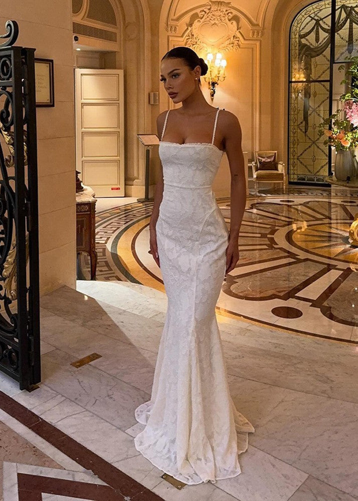 Spaghetti Strap Lace Overlay Mermaid Maxi Dress