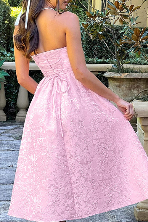 Jacquard Fabric Strapless Open Back Elegant Slim Midi Dress