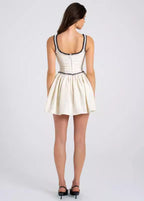 Boucle Tweed Scoop Neck Braided Trim Basque Waist Flared Mini Dress