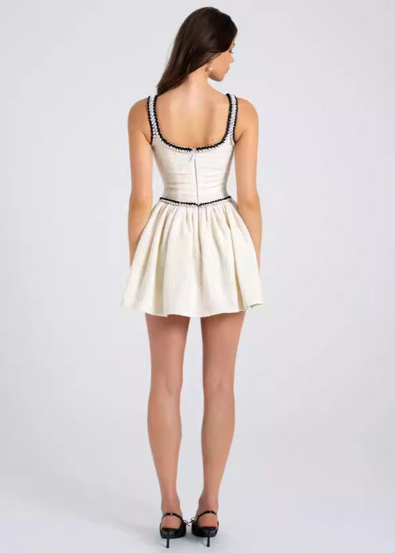 Boucle Tweed Scoop Neck Braided Trim Basque Waist Flared Mini Dress