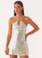 Sequin Cowl Neck Halter Ring Detail Backless Bodycon Mini Dress
