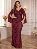 Plus Size Sequined Long Sleeve Evening Dress Women