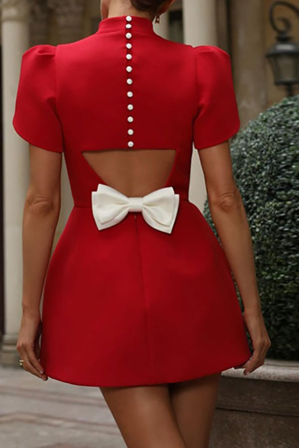 Sweet Moment Slit Short Sleeve Backless Removable Satin Bow Mini Dress