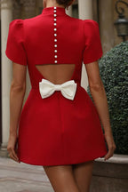 Sweet Moment Slit Short Sleeve Backless Removable Satin Bow Mini Dress
