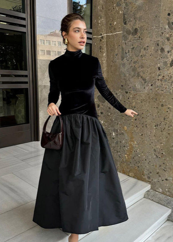 Velvet Mock Neck Long Sleeve Taffeta Puff Skirt Mixed Media Midi Dress