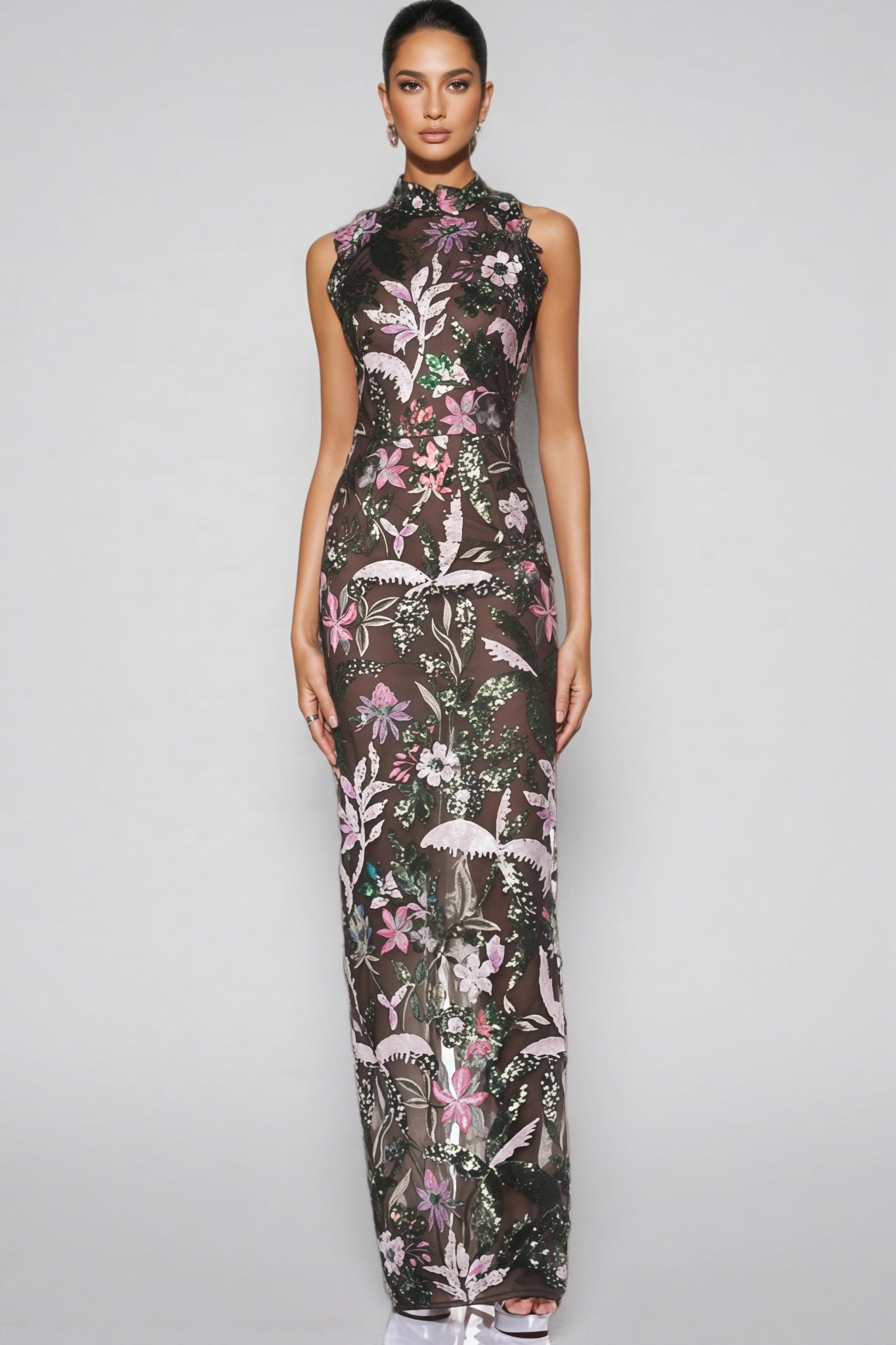 Charkd Lace Embroidered Flower Maxi Dress