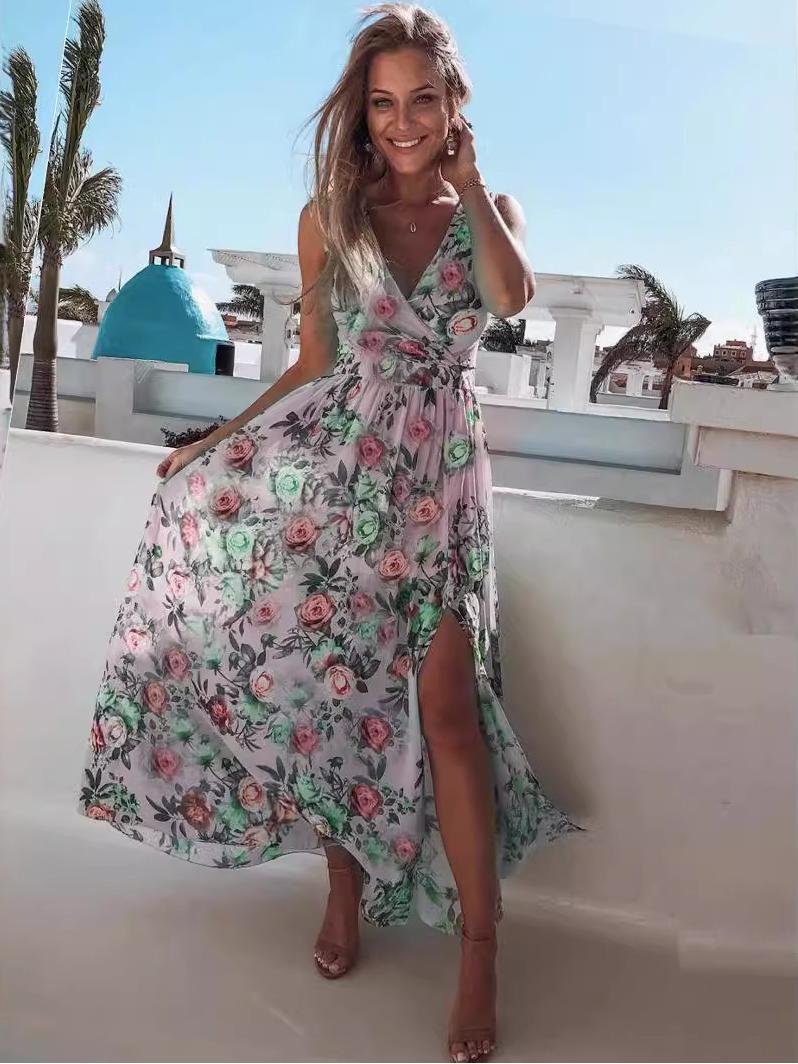 Floral Print Surplice Neck Sleeveless Chiffon Side Slit Maxi Dress