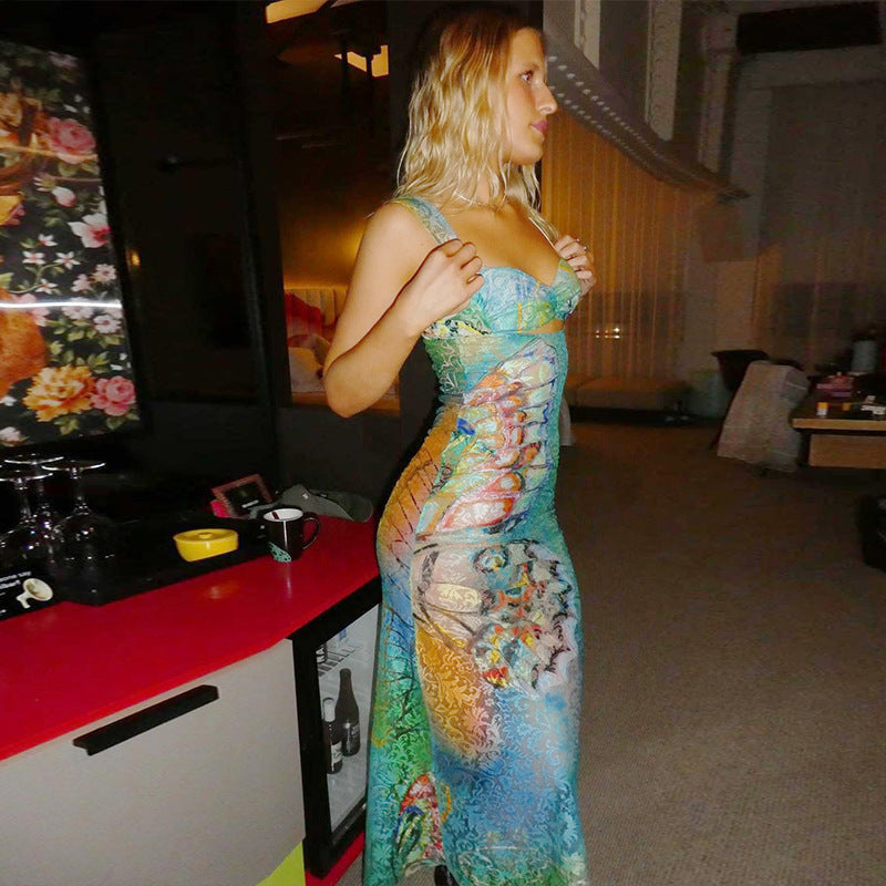 Sweetheart Neck Wide Strap Butterfly Print Burnout Mesh Bodycon Maxi Dress