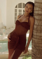 Mesh Panel Halter Neck Ruched Ruffle Front Slit Maxi Dress