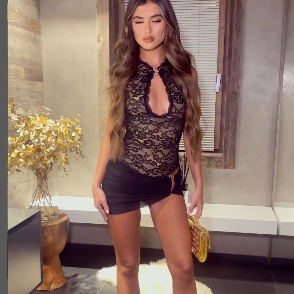 Lace Halter Keyhole Cut Out Bodycon Mini Dress Asymmetric Mini Skirt Two Piece Set