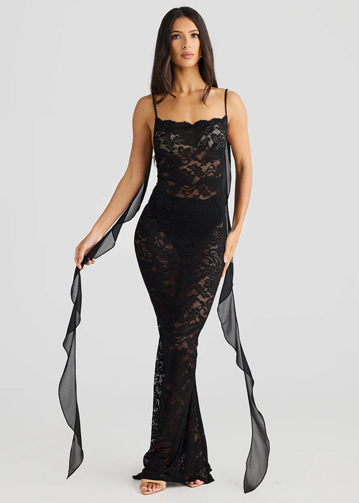 Floral Lace Square Neck Backless Ruffle Streamer Spaghetti Strap Maxi Dress