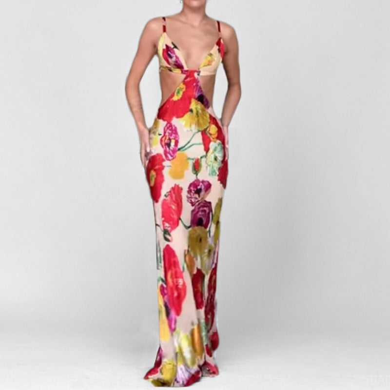 Hawaiian Dreams Satin Floral Print Cutout Backless Maxi Dress