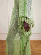 Gianna Sequin Deep V-neck Batwing Sleeve Fringed Trim Slit Gown Maxi Dress
