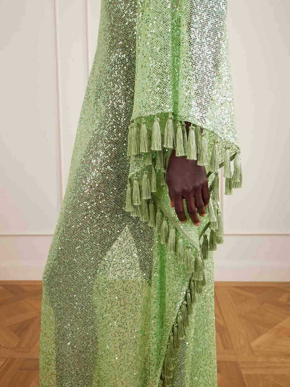 Gianna Sequin Deep V-neck Batwing Sleeve Fringed Trim Slit Gown Maxi Dress