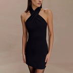 Cross Over Halter Neck Sleeveless Bodycon Mini Dress