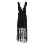 Lace Deep V-Neck Fringe Trim Tiered Scalloped Hem Maxi Dress