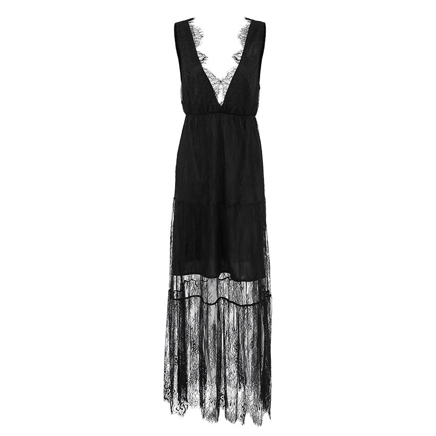 Lace Deep V-Neck Fringe Trim Tiered Scalloped Hem Maxi Dress